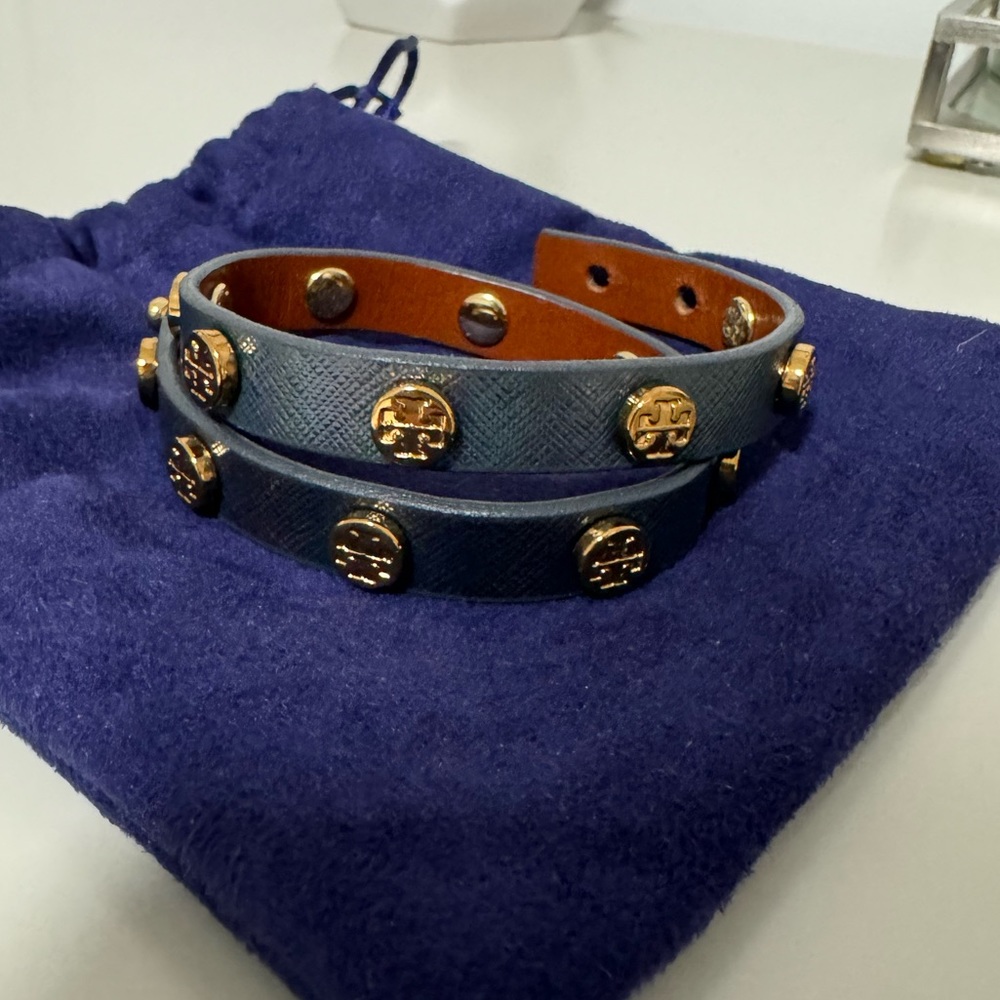 Tory Burch Leather Logo Double Tour Wrap Bracelet